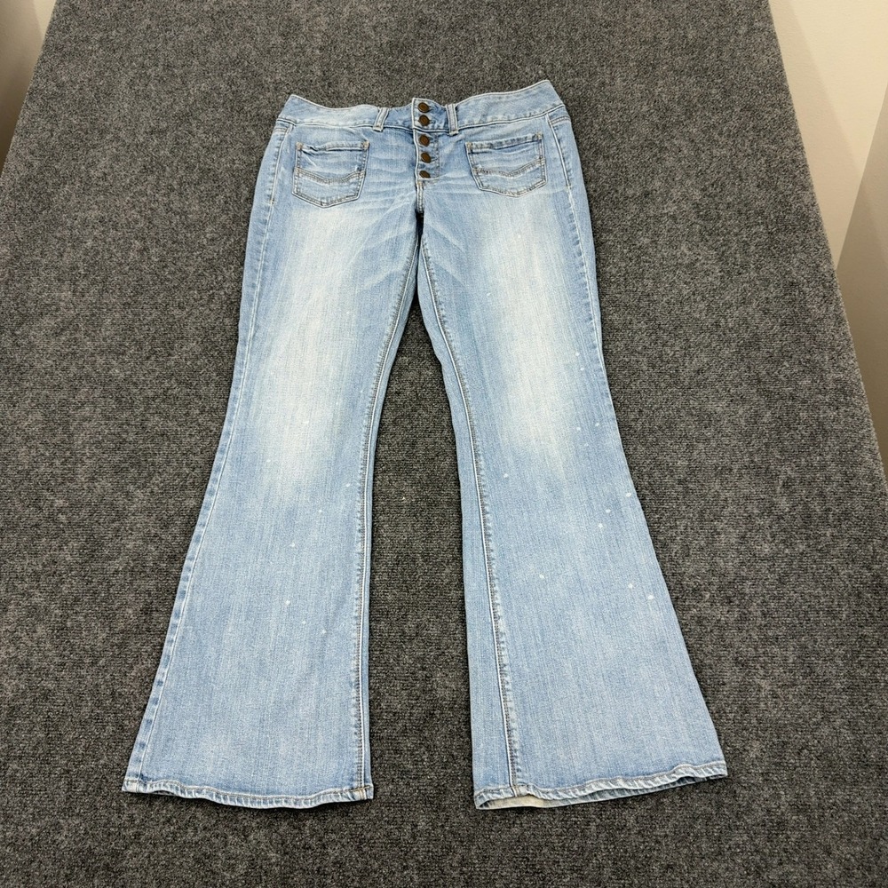 American Eagle Flare Jeans Womens 14 Light Blue Cotton Stretch Bleach Boho Style